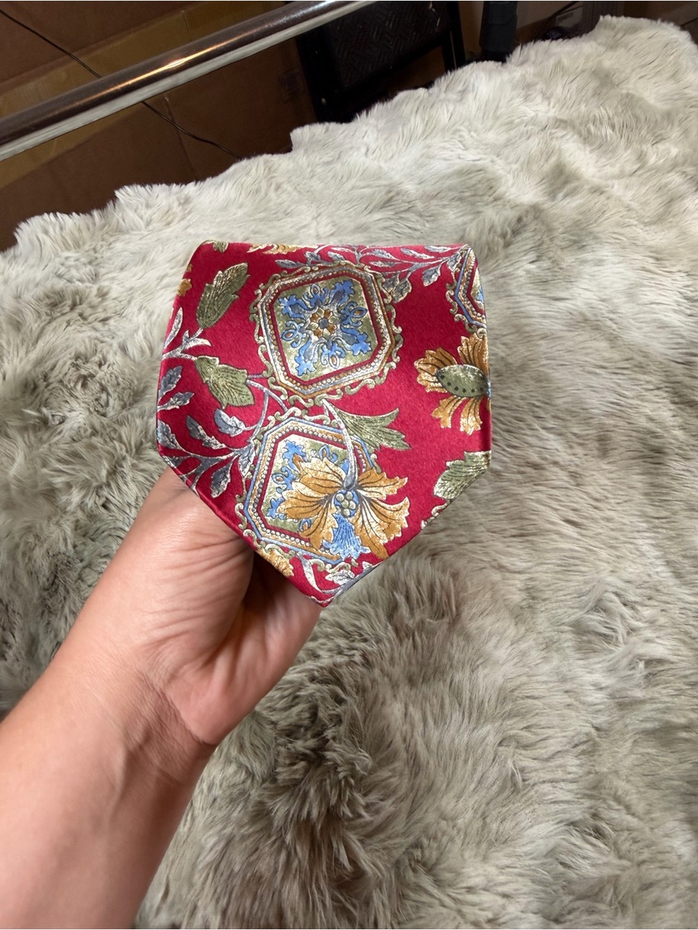 Meeting Street Mens Silk Red Floral Medallion Tie with Blue and Gold Accents